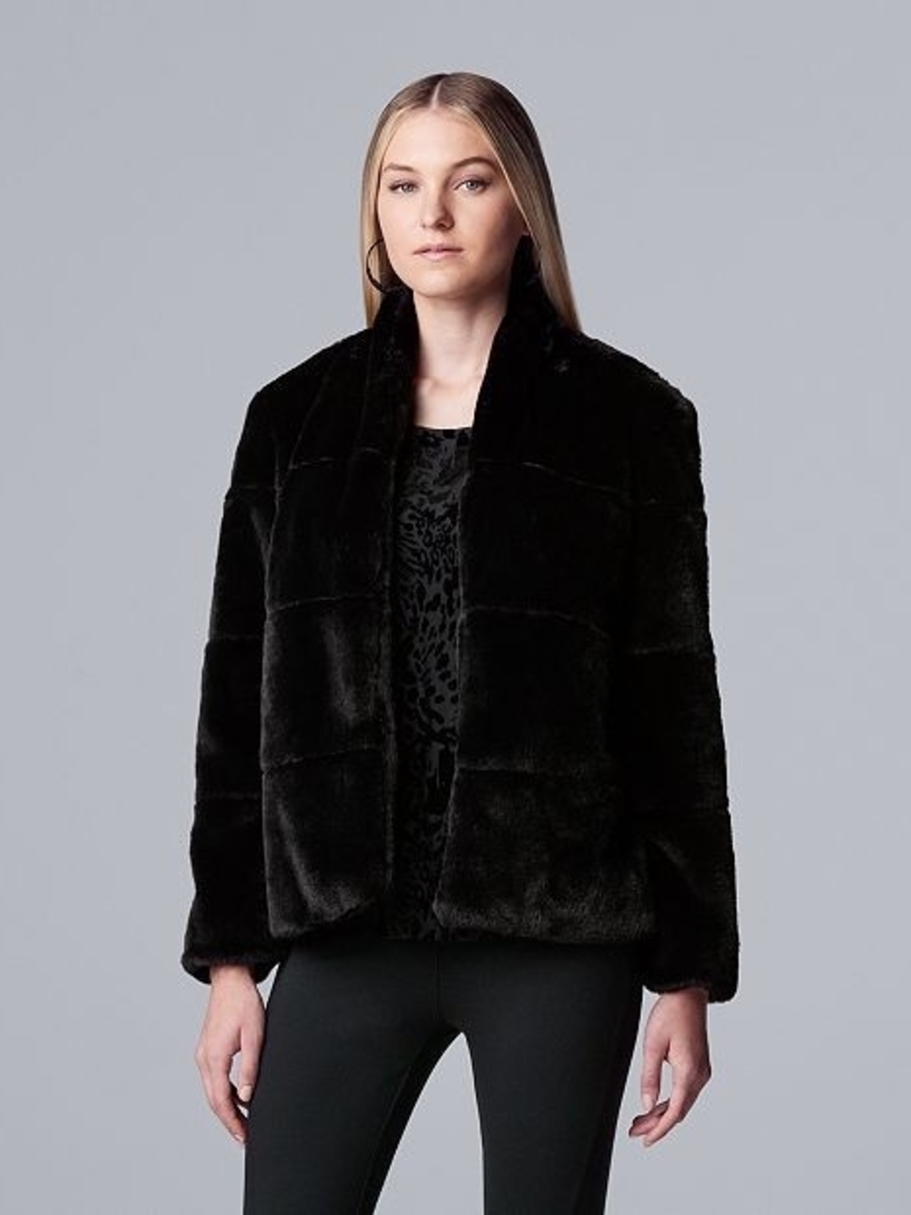Vera Wang Black Plush Faux-Fur Short Jacket